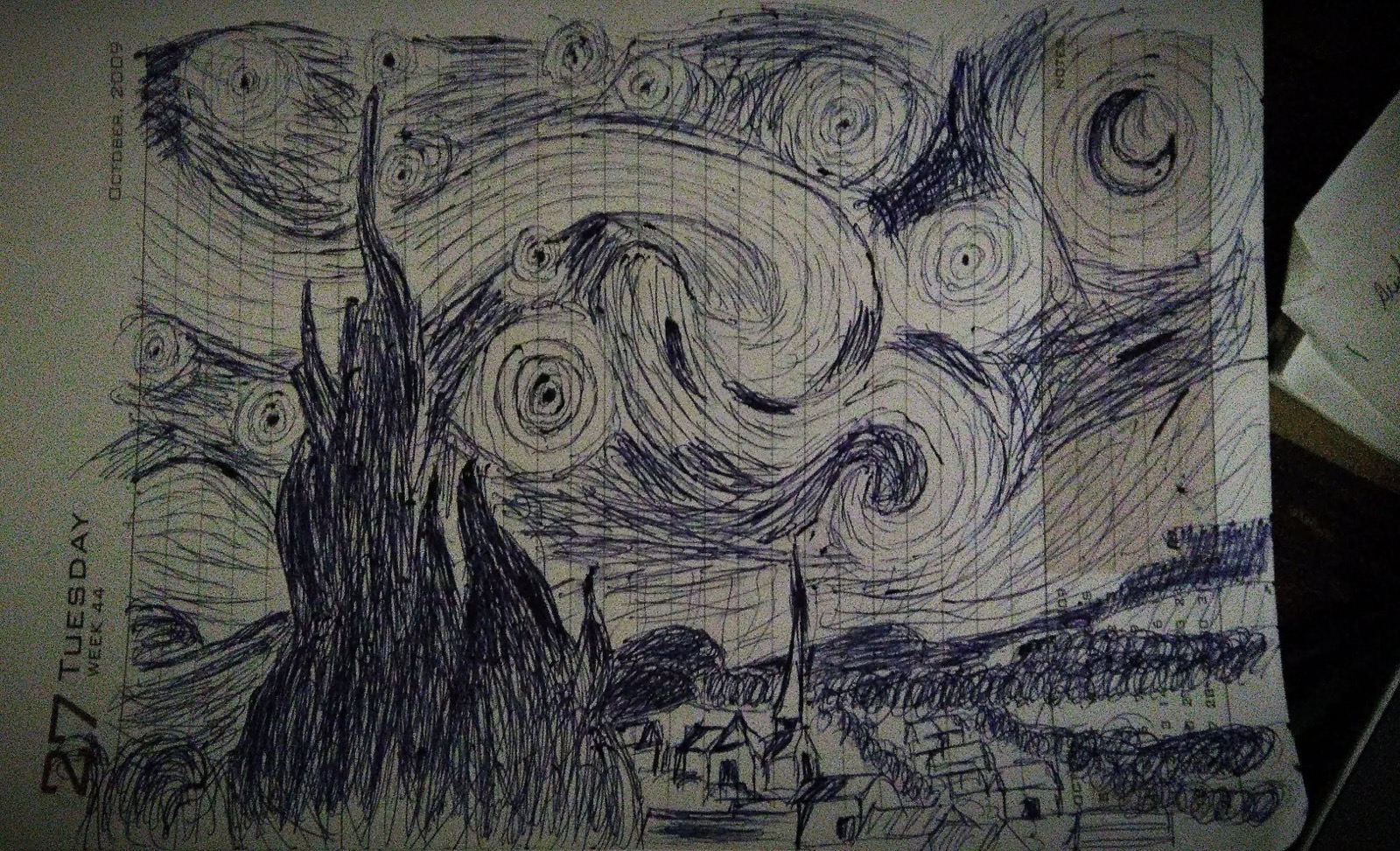 Ballpoint pen drawing study of Van Gogh's Starry Night by Vikram Singh Kushwaha