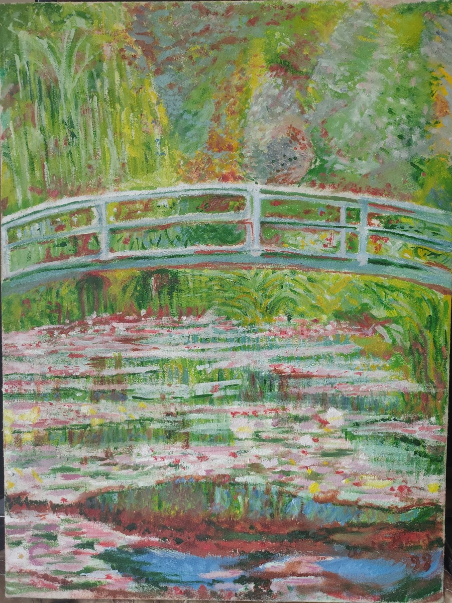 Oil painting study of Monet's Japanese Bridge and Water Lilies by Vikram Singh Kushwaha