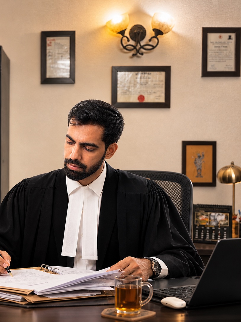 Vikram Singh Kushwaha, Advocate, working at his office desk
